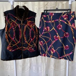 Vest & new Skirt Charter Club Brown Faux Fur Reversible Gold Blue purple 2 pc